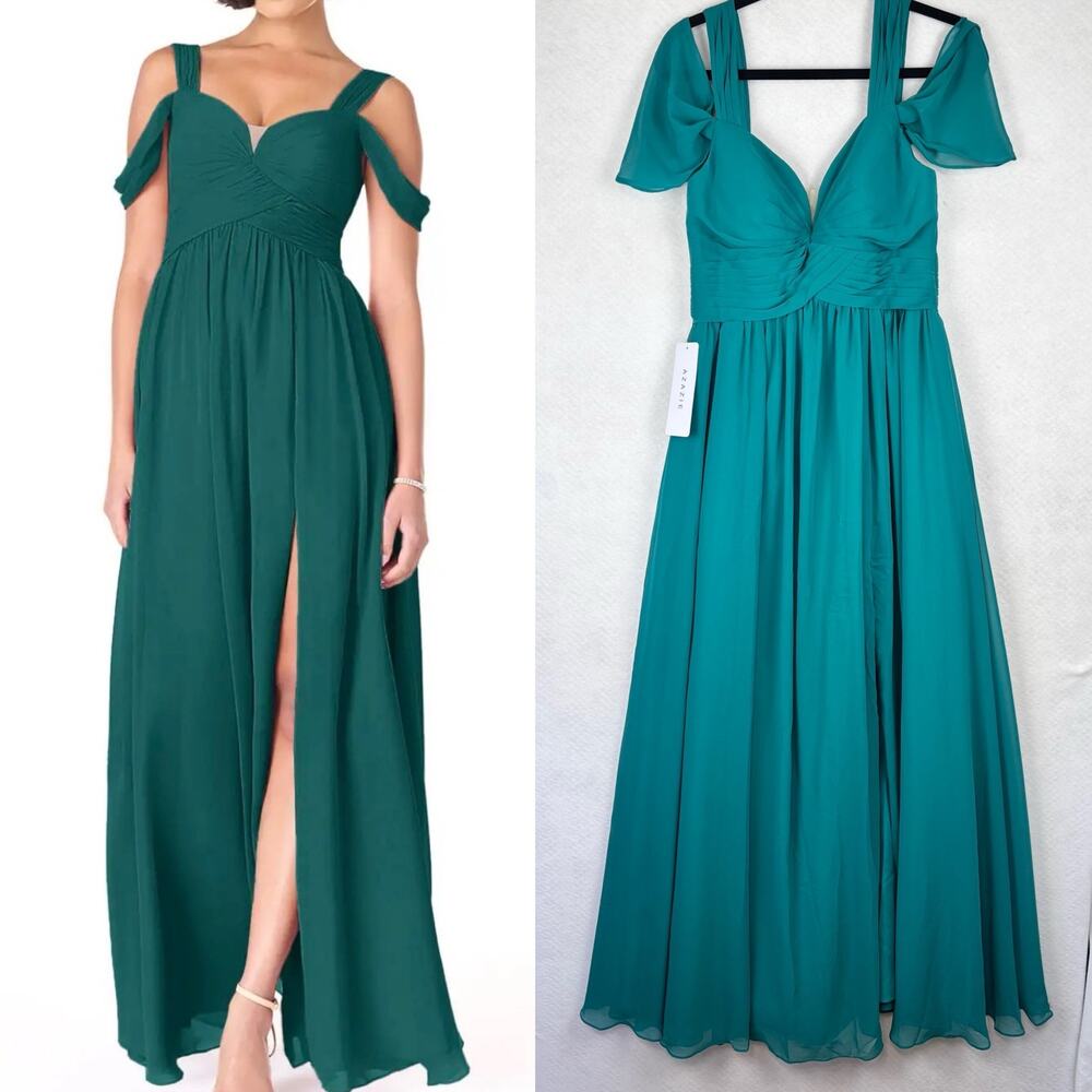 NWT Azazie Lianne Jungle Green Chiffon Bridesmaid Maxi Dress A6 Formal Wedding